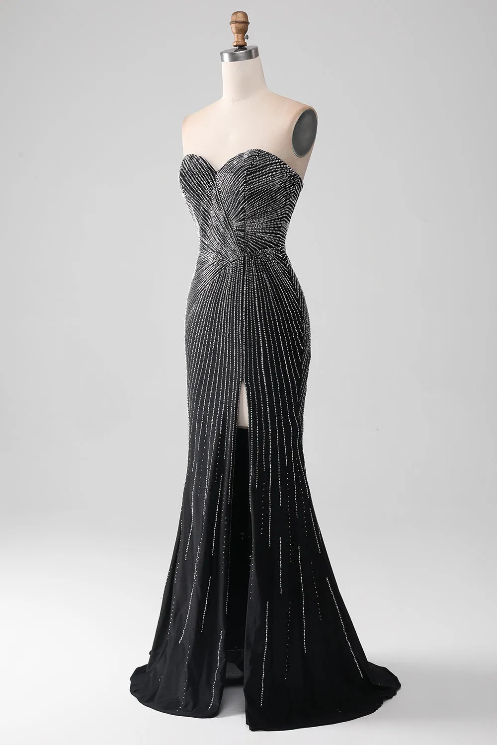 Abito da ballo a sirena senza spalline glitter nero con fessura