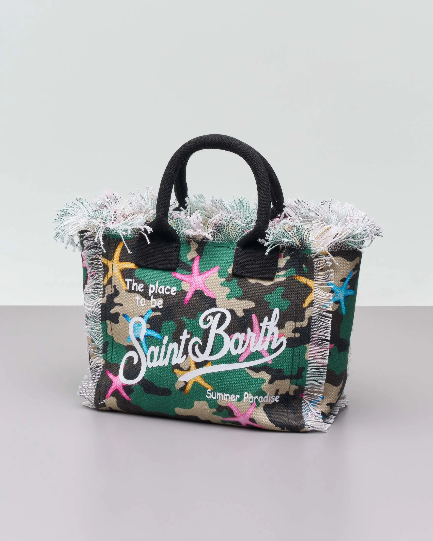 Borsa Colette camouflage in tela di cotone con stampa stelle marine e orli sfrangiati