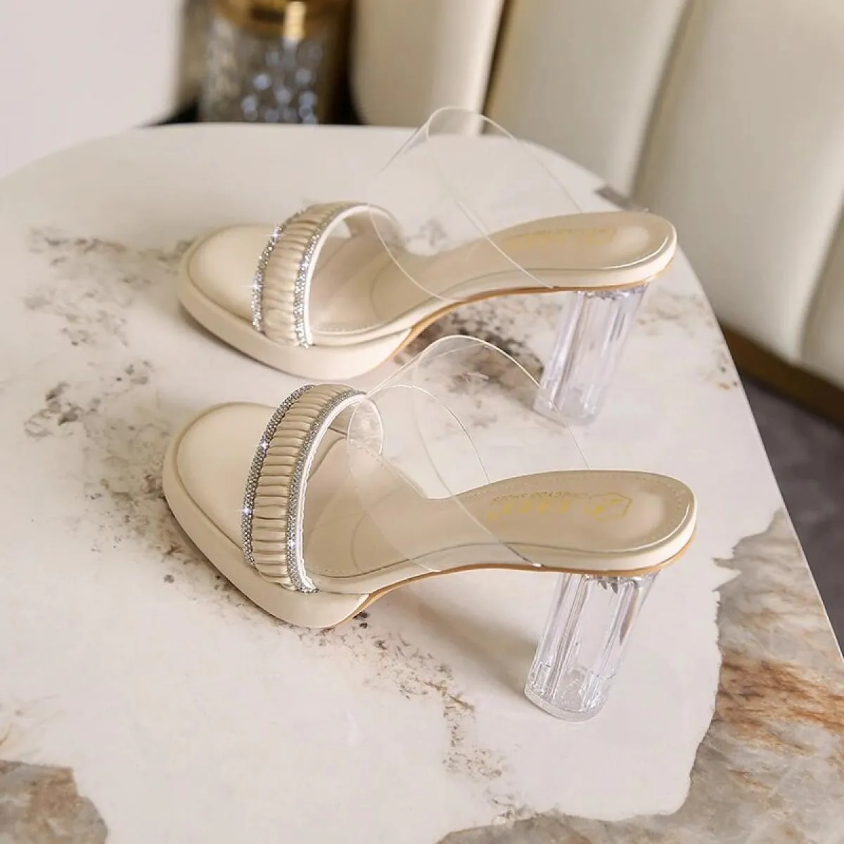 Ciabatte con plateau con tacco alto in cristallo Bling pantofole da donna con tacco quadrato trasparenti donna nuova estate 2023