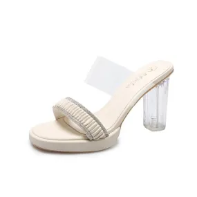 Ciabatte con plateau con tacco alto in cristallo Bling pantofole da donna con tacco quadrato trasparenti donna nuova estate 2023