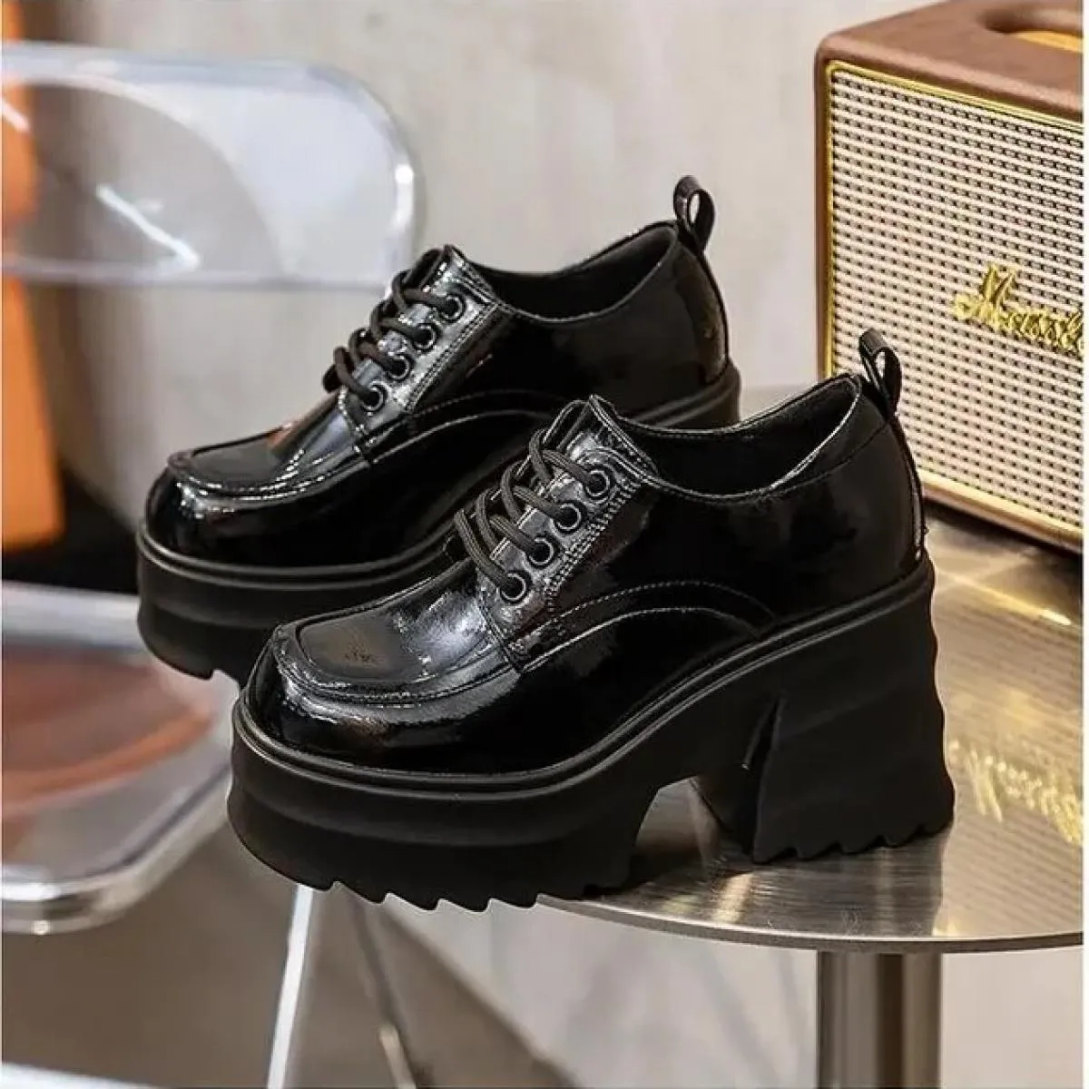Donne Scarpe Tacchi Alti 2024 Nuova Tendenza Moda Partito Scarpe Zeppe Pompe Casual Signore Nero Lace Up Pu Leathesr Caviglia
