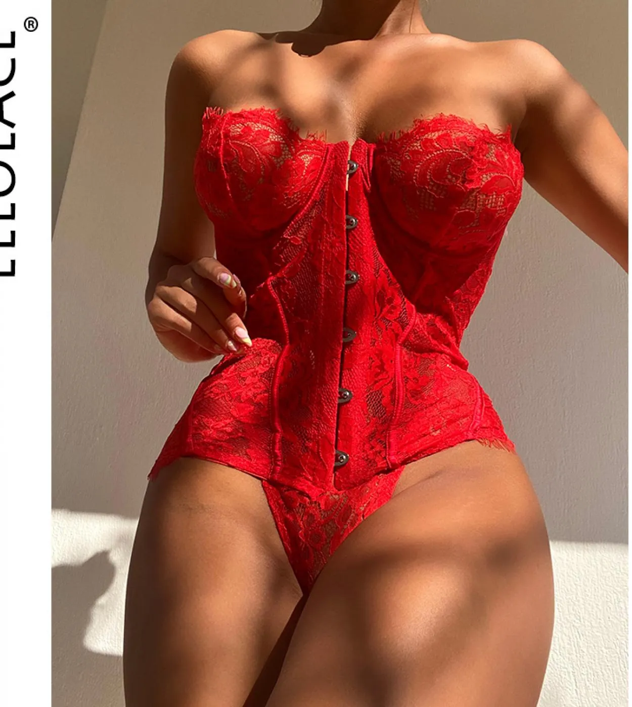 Ellolace Red Valentines Day Fetish Lingerie Lace Corsets Outfits Off Shoulder Tops Underwear G String Luxury  Intimate