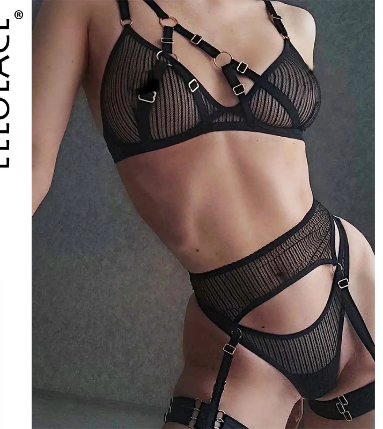 Ellolace Sensual Mesh Lingerie One Shoulder Intimo trasparente 4 pezzi Intimo in tulle senza cuciture Sissy Reggicalze Se