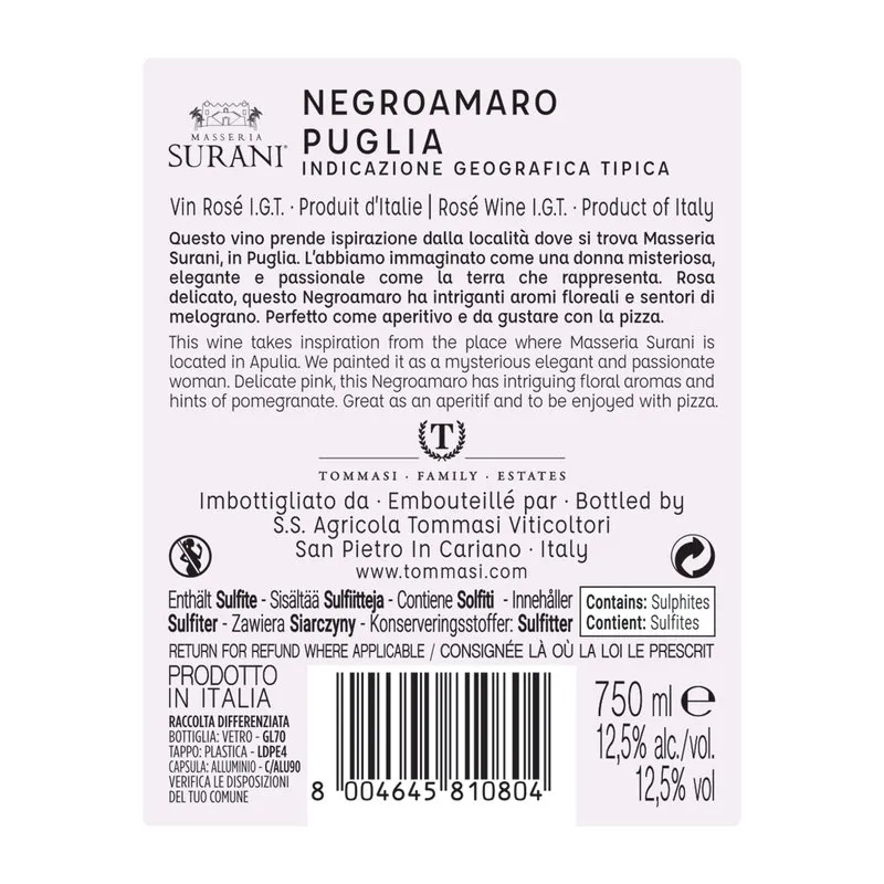 Masseria Surani 3 bottiglie miste: Primitivo di Manduria DOC 2019 - Negroamaro Rosè Puglia IGT 2022 - Fiano Puglia IGT 2021