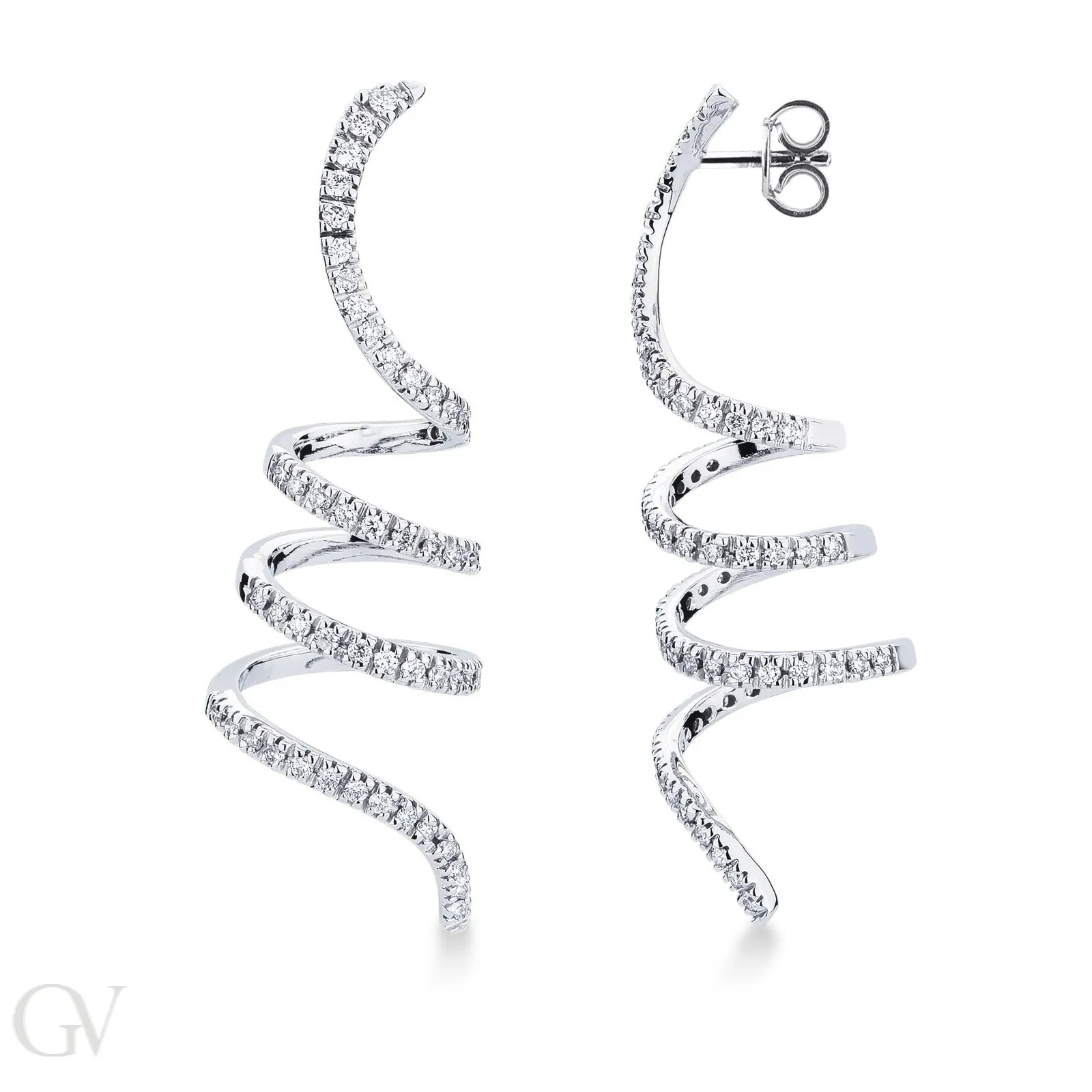 Orecchini a spirale in oro bianco 18k con diamanti.