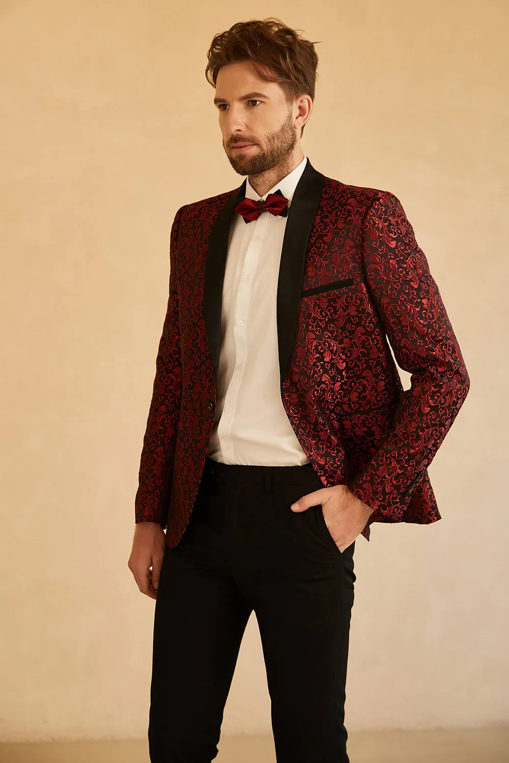 Red Shawl Lapel Jacquard One Button Men's Prom Blazer