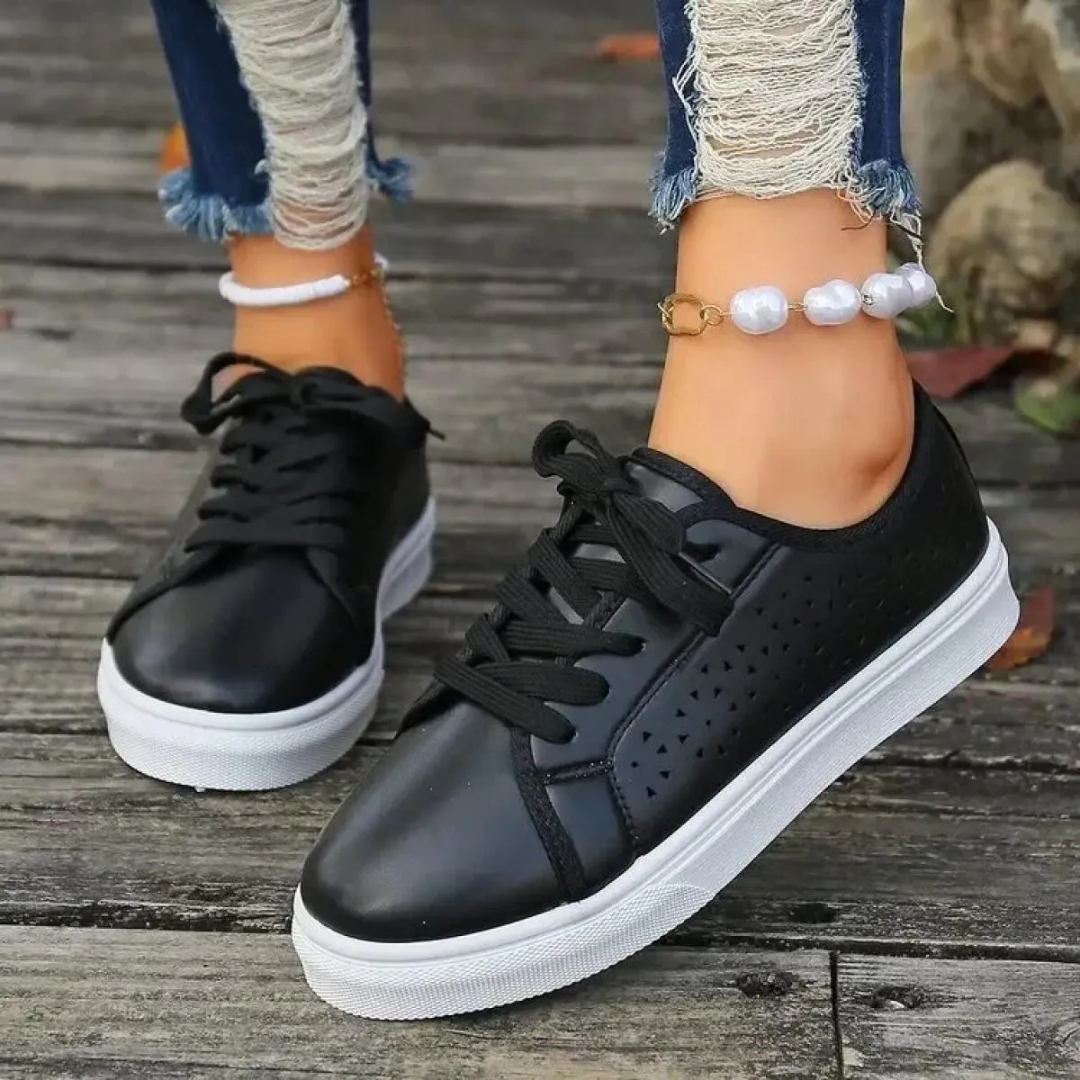 Scarpe casual da donna eleganti e traspiranti da passeggio piatte semplici base autunnale in metallo con lacci tinta unita per a