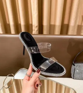 Scarpe da donna Scarpe aperte trasparenti con strass Tacchi alti con scarpe aperte a spillo Tacchi alti femminili aperti 10 cm S